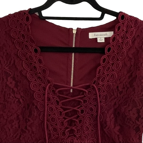 Francesca's Burgundy Lace Dress Size Small Fit and Flare Short Sleeves Lace Up - Picture 4 of 12